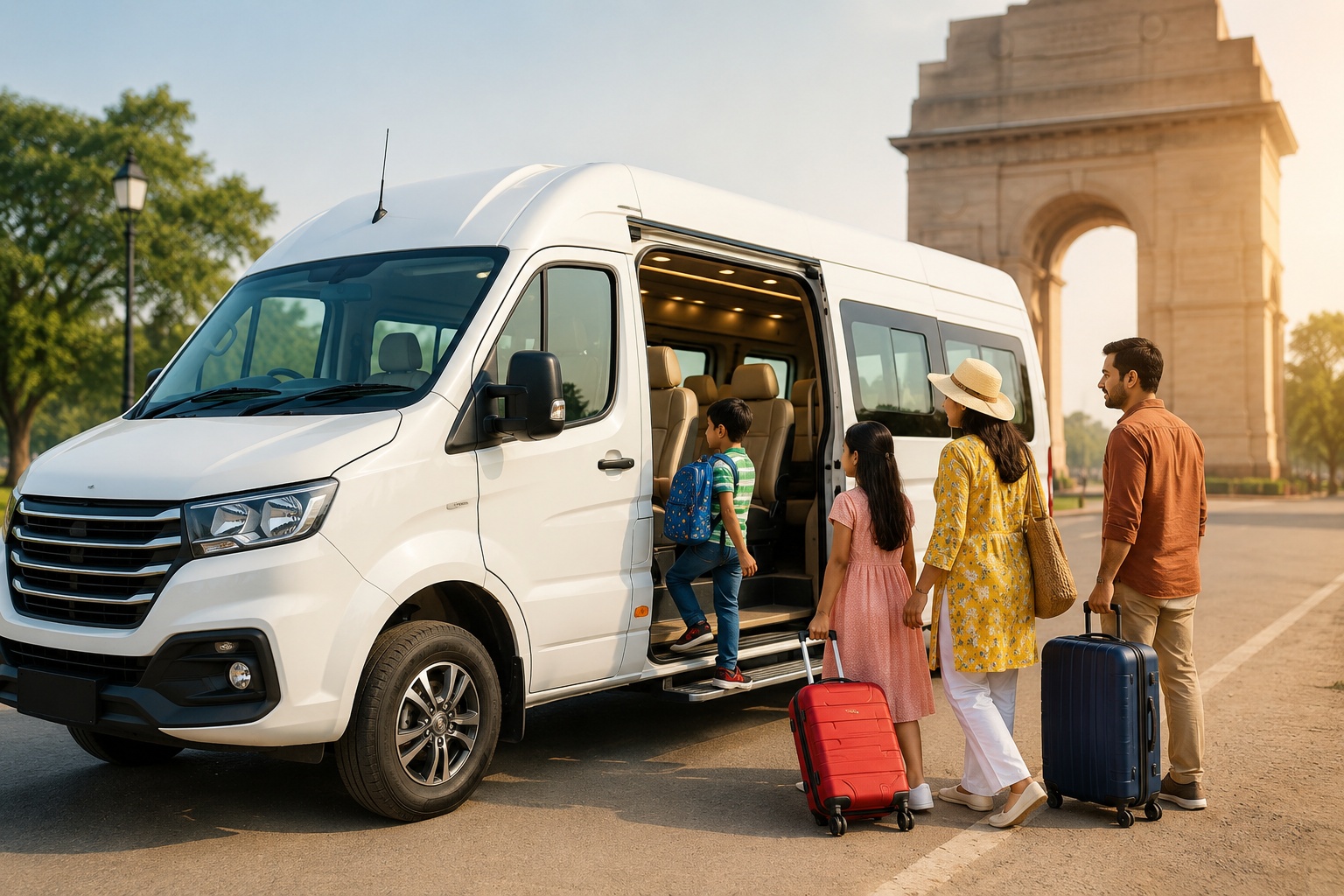 Family boarding a Tempo Traveller in Delhi for a comfortable family tour