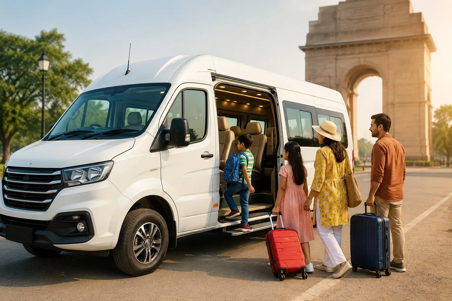 Family boarding a Tempo Traveller in Delhi for a comfortable family tour