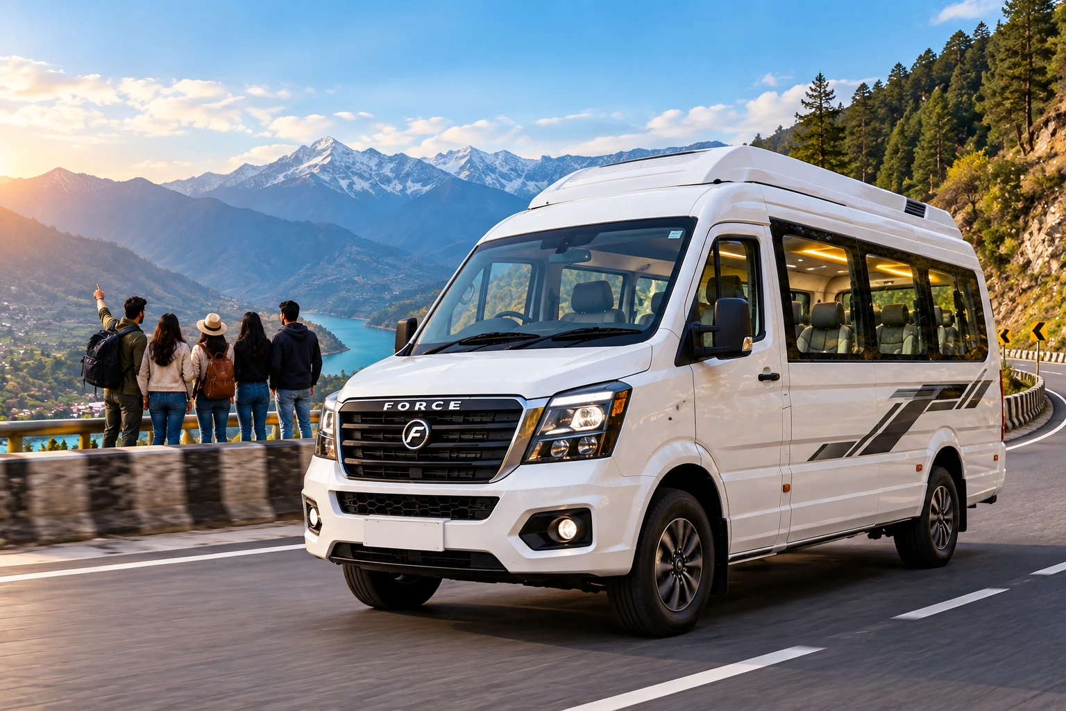 Premium Tempo Traveller on rent for long-distance trips with scenic mountain views