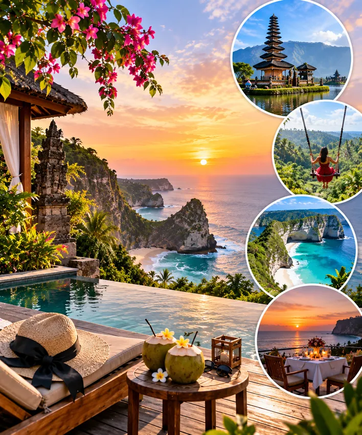 Bali tour package for couples featuring romantic experiences, sunset views, beaches and luxury resort pool