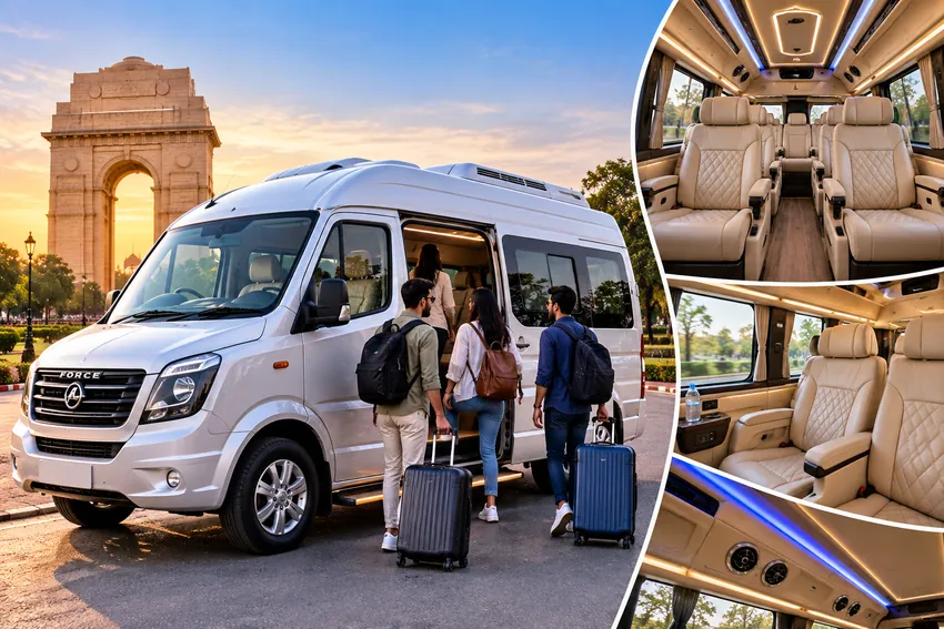 9 seater luxury Tempo Traveller on rent with premium interiors, comfortable seats and travel luggage