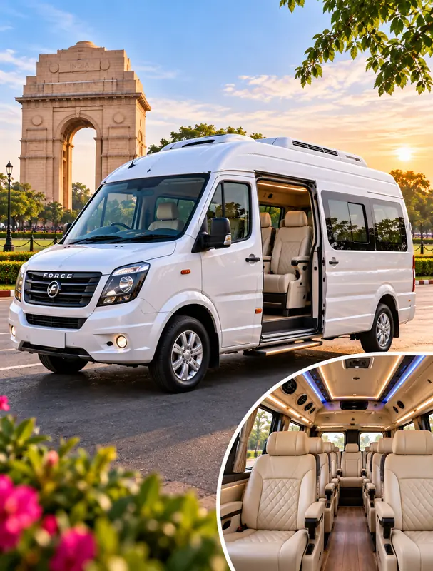 12 seater Tempo Traveller hire in Delhi with luxury interior, comfortable seats and premium travel features