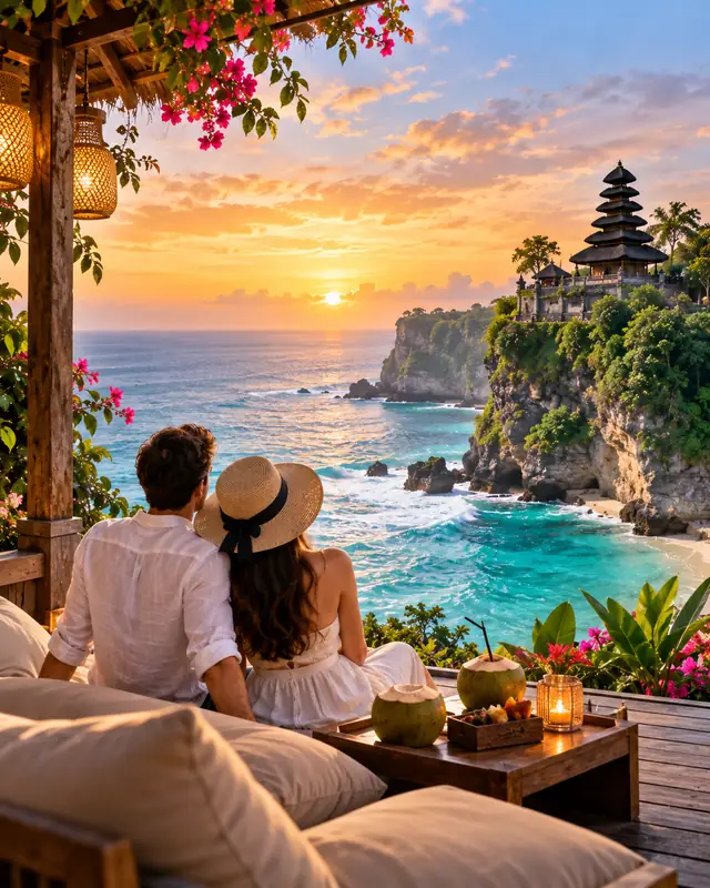Bali tour package for couples with romantic sunset views, tropical beach and luxury resort in Bali