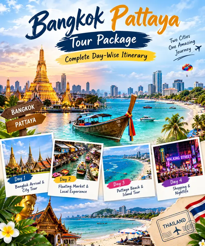 Bangkok Pattaya tour package with day-wise itinerary, temples, beaches and sightseeing attractions