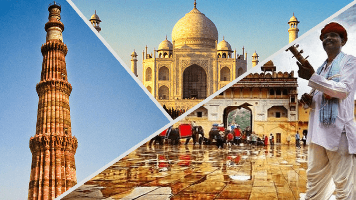 Delhi Agra Jaipur tour package featuring India Gate, Taj Mahal and Hawa Mahal for a complete travel guide